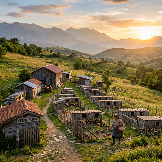 Albanian Quail Farm at sunset, Pogradec County Albania